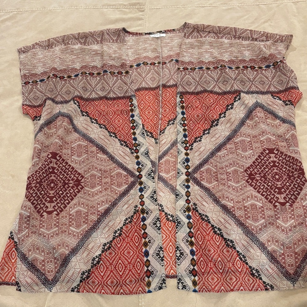 Maurices Red and Cream Geometric Sheer Kimono